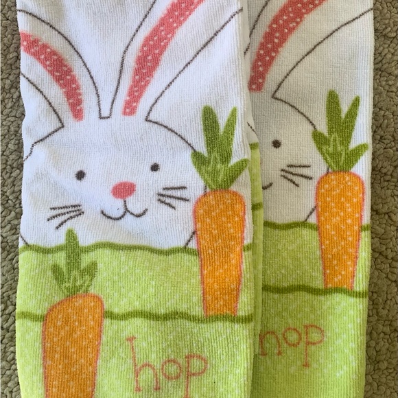 Spring decoration bundle.  2 wooden signs, 2 ceramic bunnies, 2 kitchen towels. - Picture 2 of 8